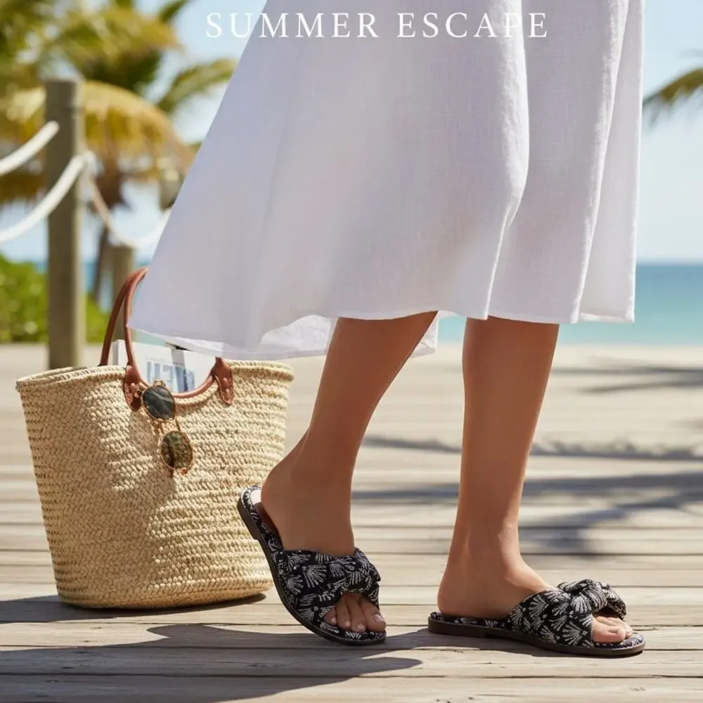 J.Crew Black Ivory Printed Knot Slide Sandals, US6.5